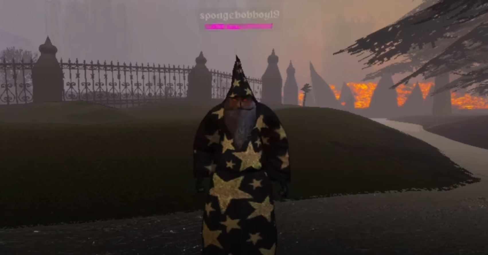 A mage in Mage Arena, he's wearing a robe full of yellow stars, and he has a long grey beard. 