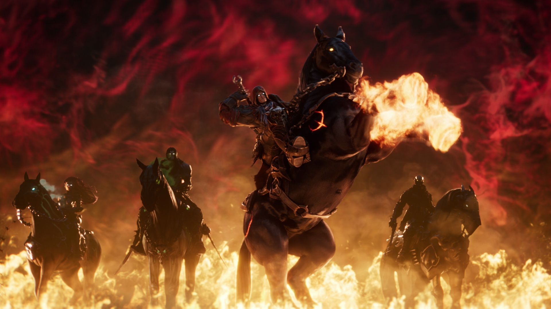 The Four Horseman, War, Death, Fury, and Strife, ride their steeds amid flames in a still from Darksiders 4's reveal trailer